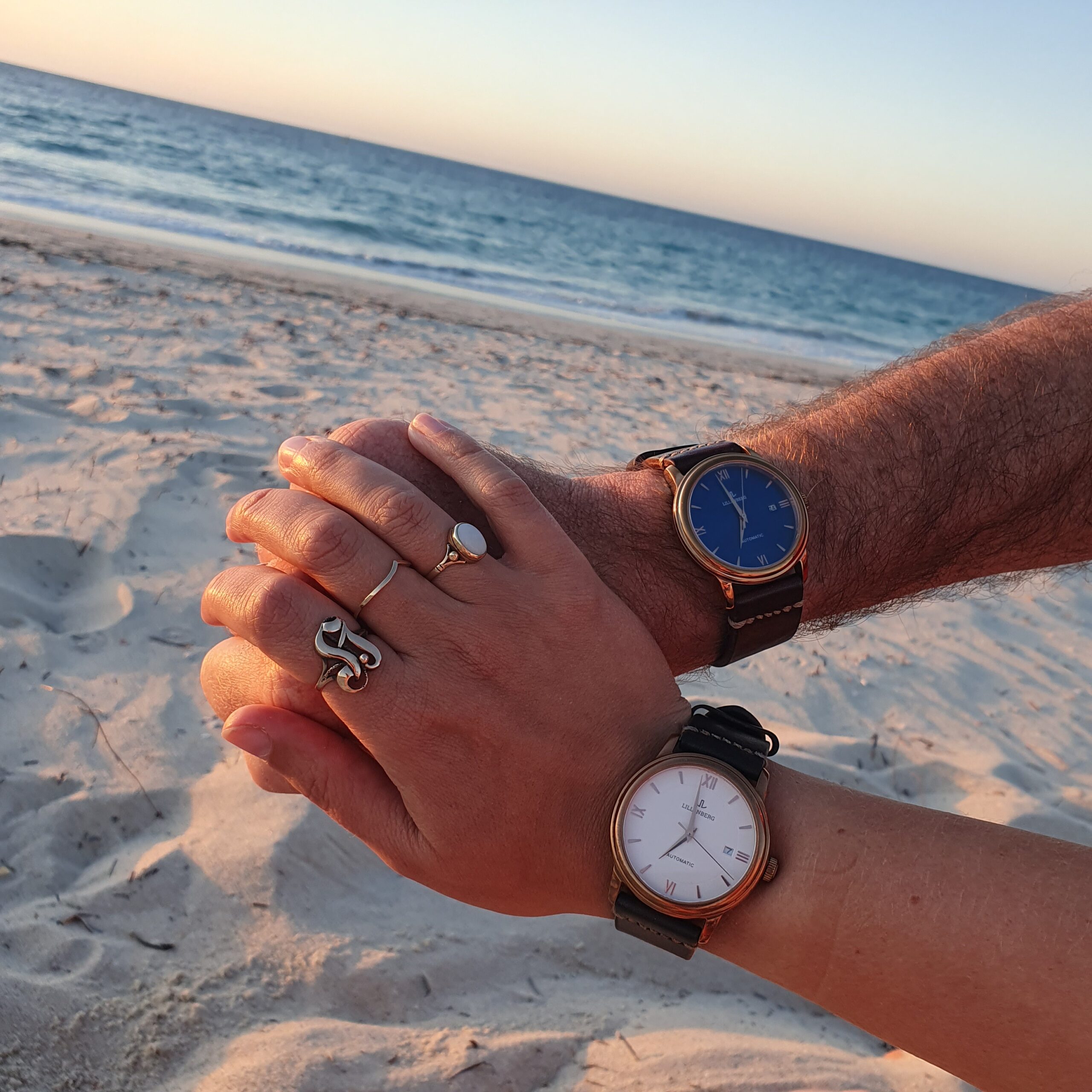 Kadri and Kári Kadri and Kári wearing their Lillenberg wedding-gift watches on the beach.